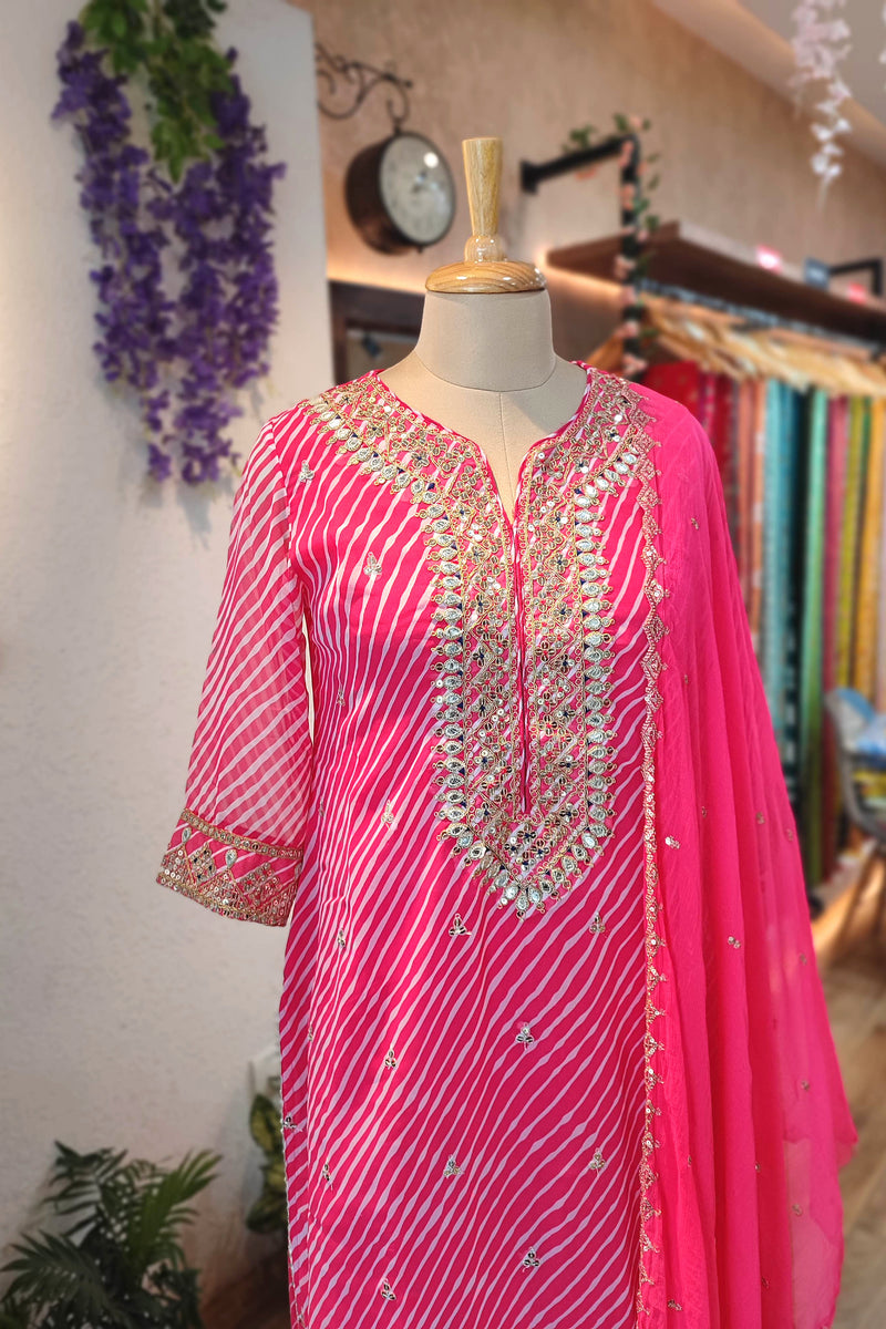 Hot Pink Georgette Gota Patti Suit Set with Dupatta & Pants