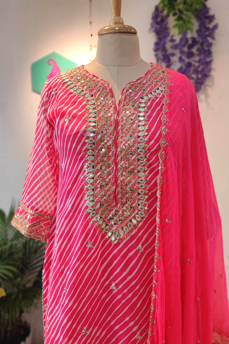 Hot Pink Georgette Gota Patti Suit Set with Dupatta & Pants
