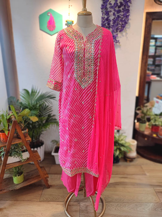 Hot Pink Georgette Gota Patti Suit Set with Dupatta & Pants