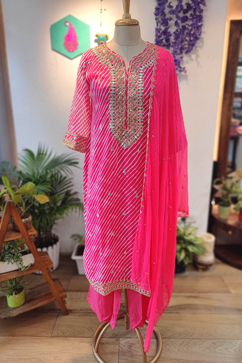 Hot Pink Georgette Gota Patti Suit Set with Dupatta & Pants