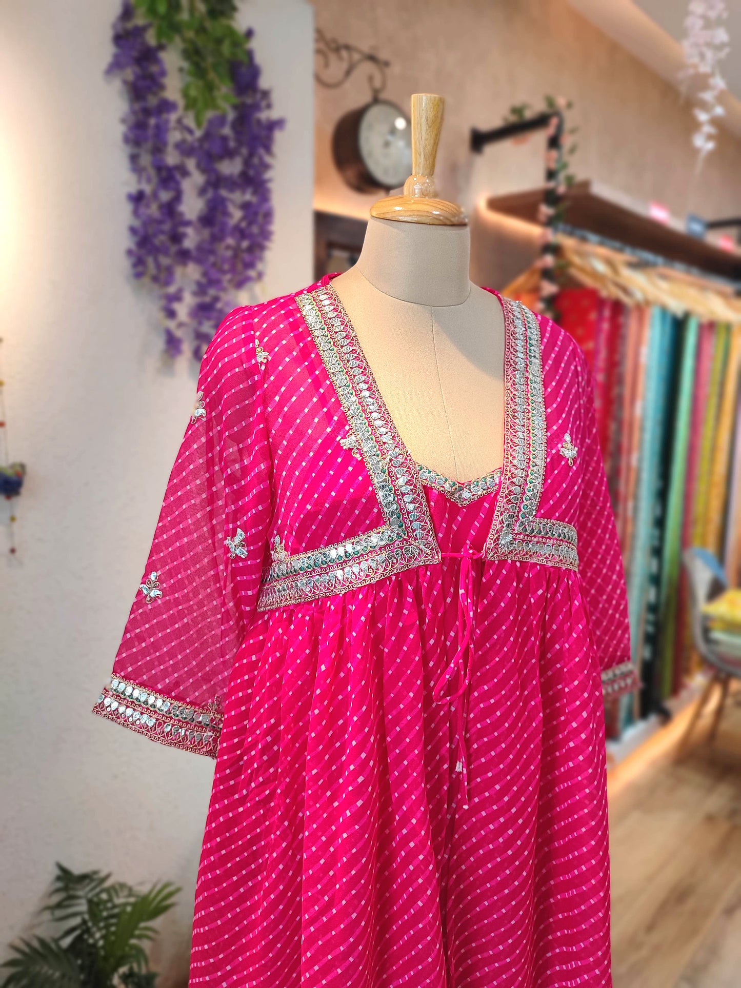 Hot Pink Georgette Cape Set with Inner & Straight Pants – Gota Patti Embellished