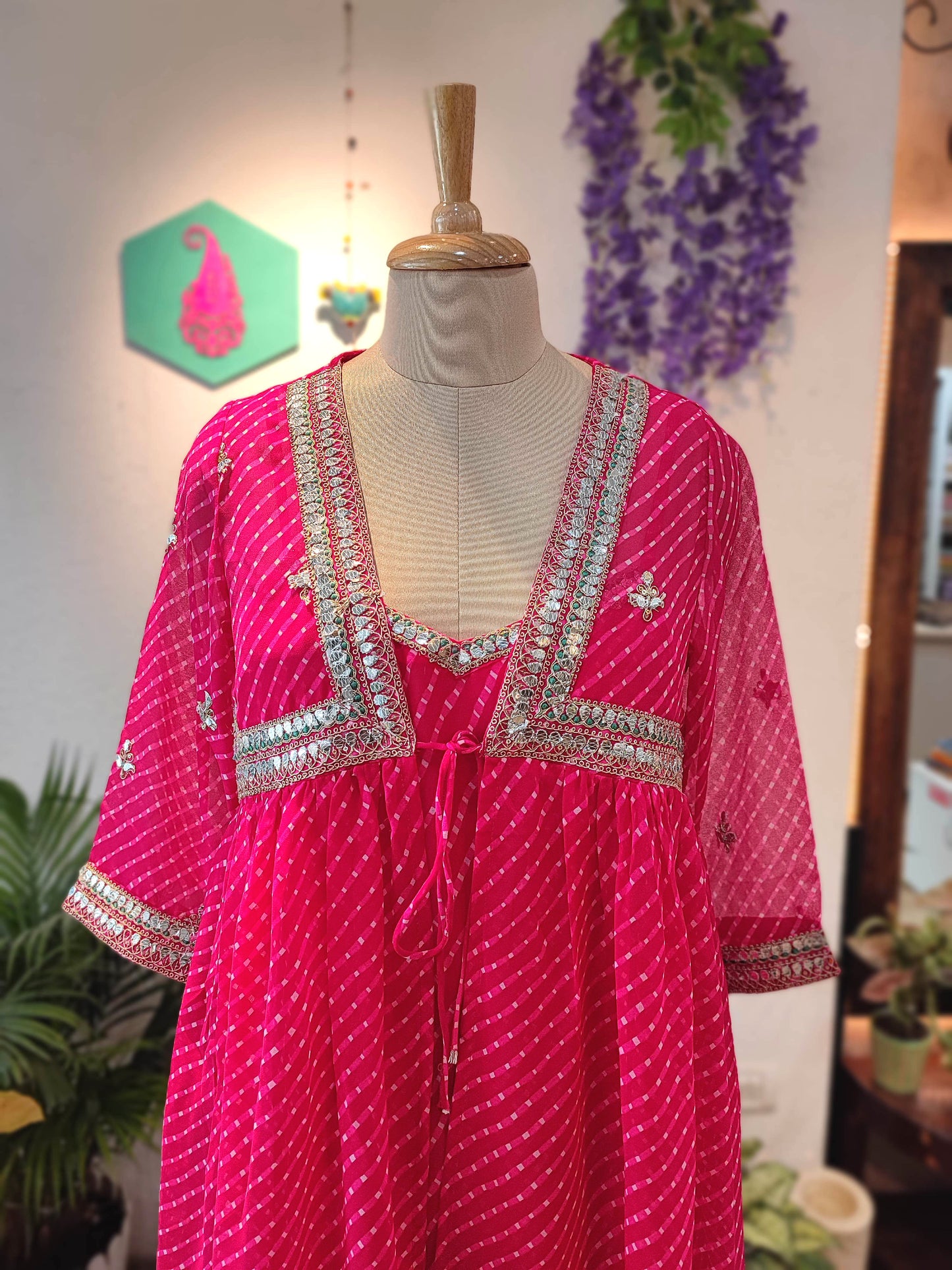 Hot Pink Georgette Cape Set with Inner & Straight Pants – Gota Patti Embellished