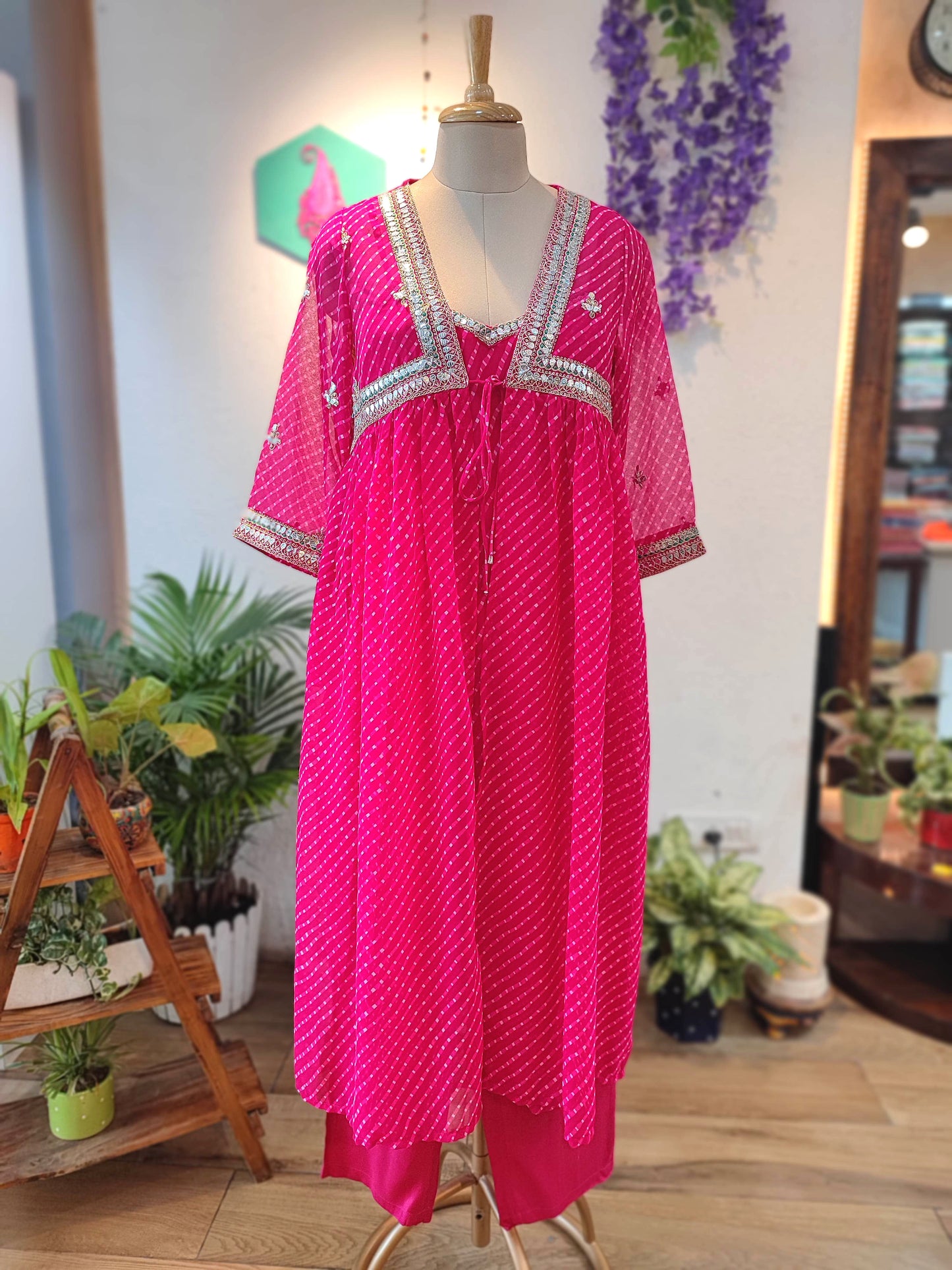 Hot Pink Georgette Cape Set with Inner & Straight Pants – Gota Patti Embellished