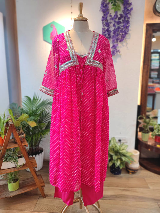 Hot Pink Georgette Cape Set with Inner & Straight Pants – Gota Patti Embellished