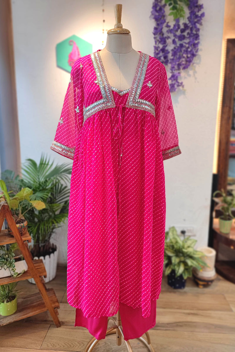 Hot Pink Georgette Cape Set with Inner & Straight Pants – Gota Patti Party Wear Suit