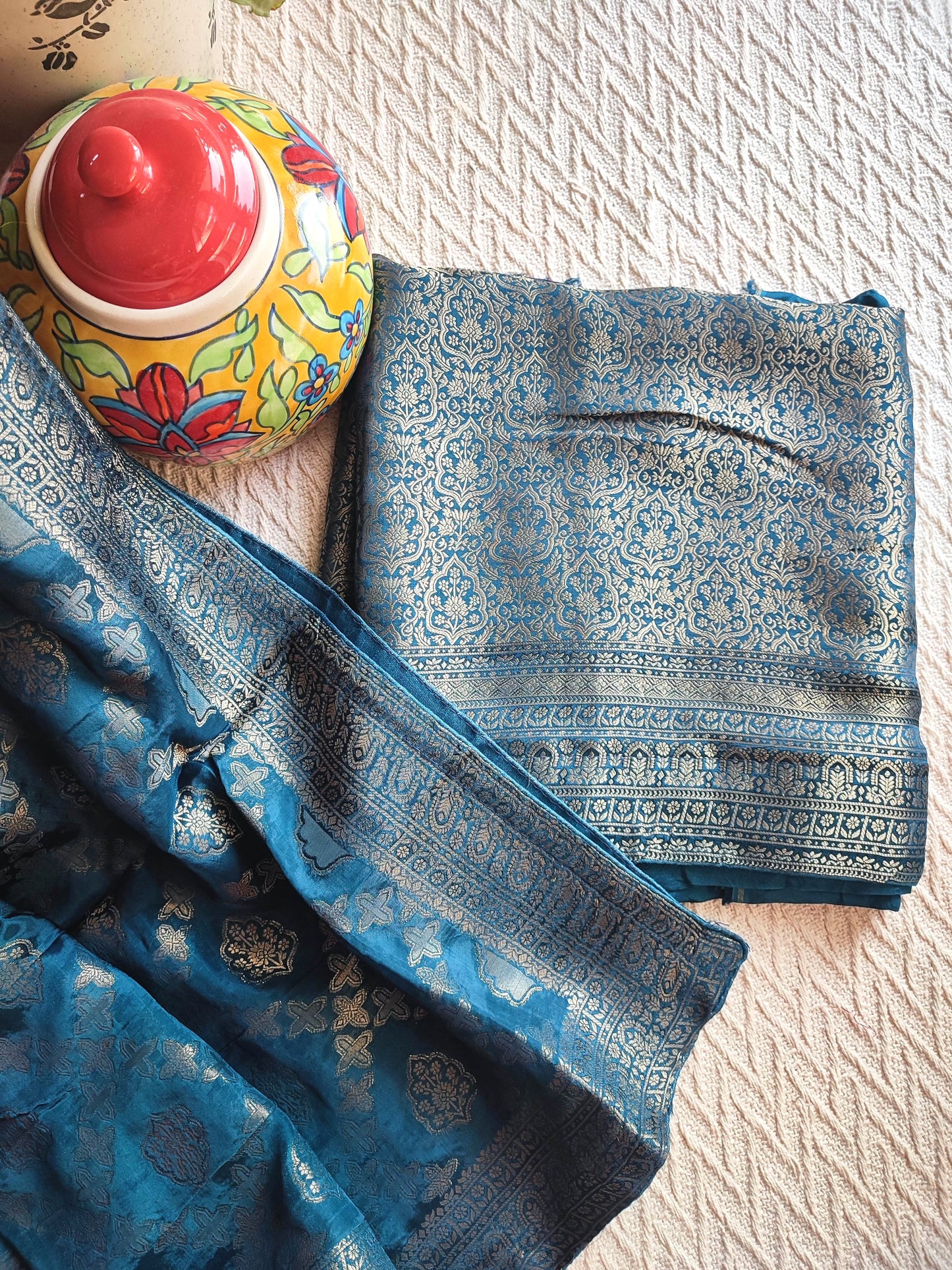 Teal Blue Banarasi crepe silk Suit with Silver Zari Weaving