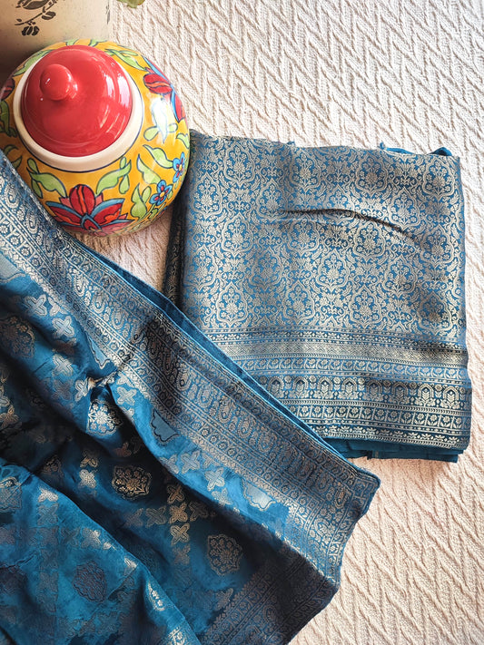 Teal Blue Banarasi crepe silk Suit with Silver Zari Weaving