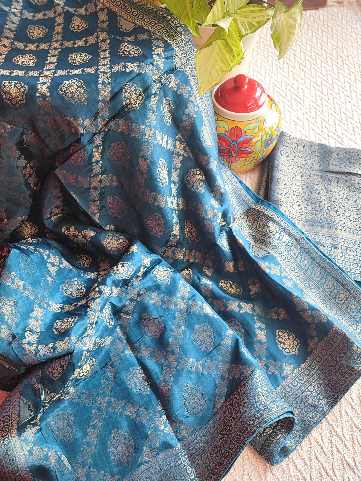 Teal Blue Banarasi crepe silk Suit with Silver Zari Weaving