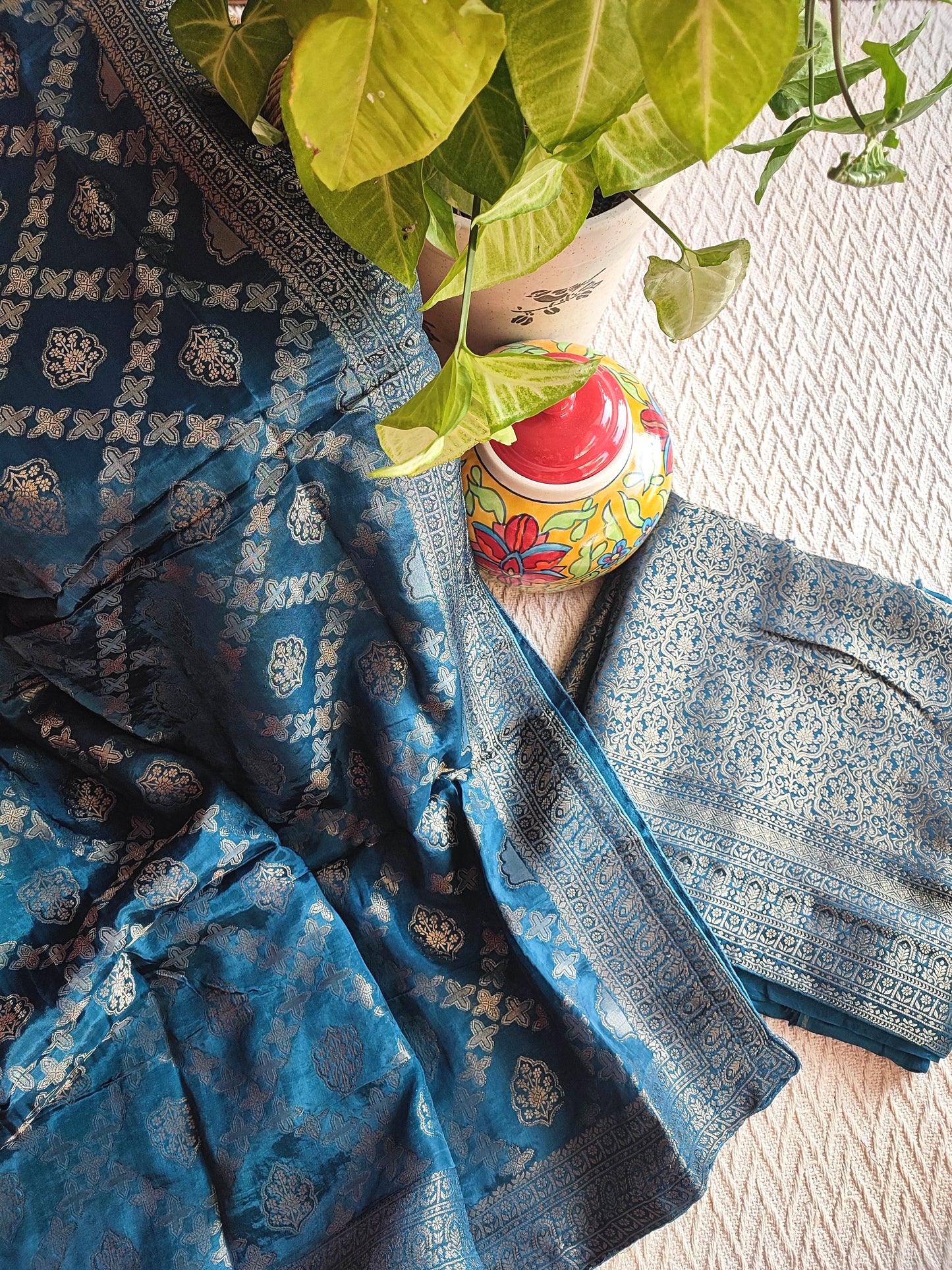 Teal Blue Banarasi crepe silk Suit with Silver Zari Weaving
