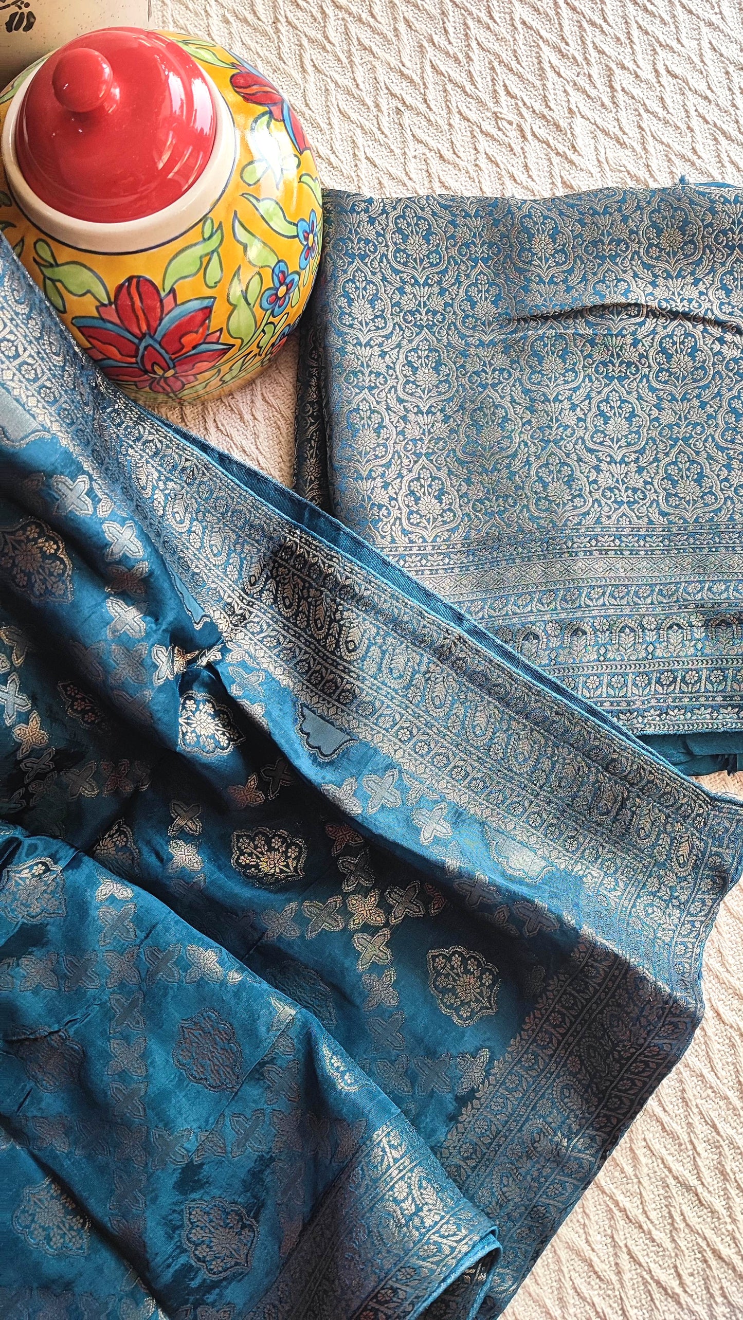 Teal Blue Banarasi crepe silk Suit with Silver Zari Weaving