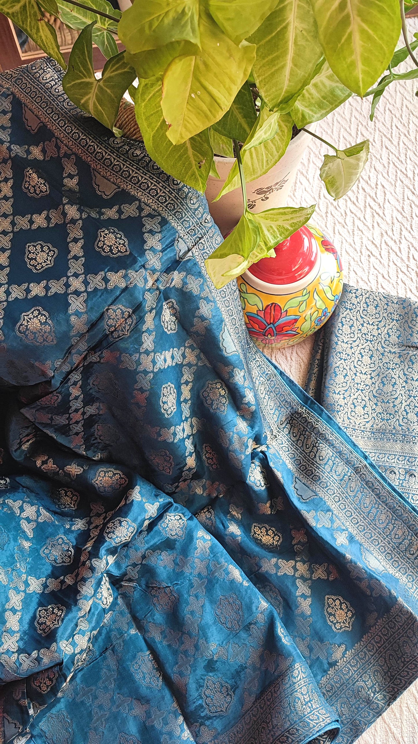 Teal Blue Banarasi crepe silk Suit with Silver Zari Weaving