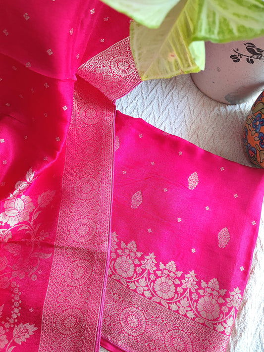 Hot Pink Banarasi Silk Suit with Floral Zari Work | Festive & Wedding Wear