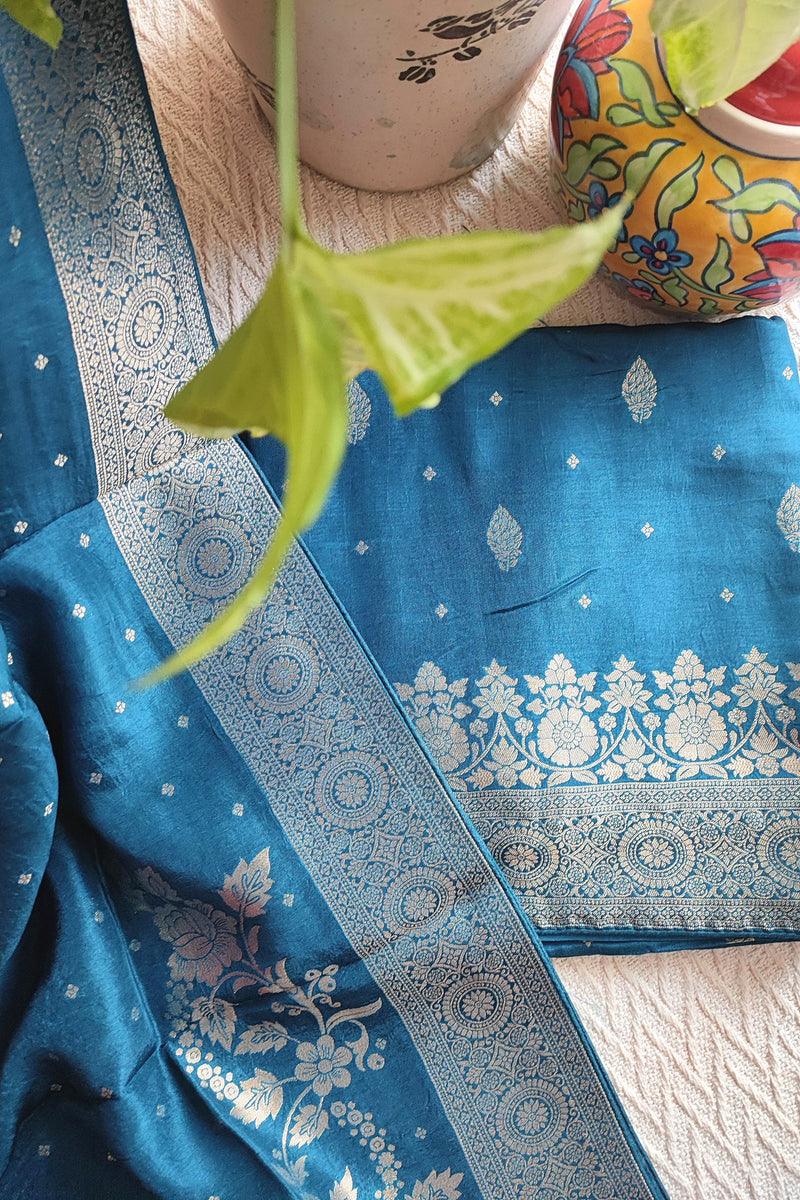 Teal Blue Banarasi Silk Suit with Zari Weaving | Traditional & Party Wear