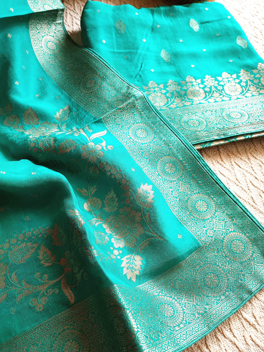 Sea Green Banarasi Silk Suit with Golden Zari Floral Weaving