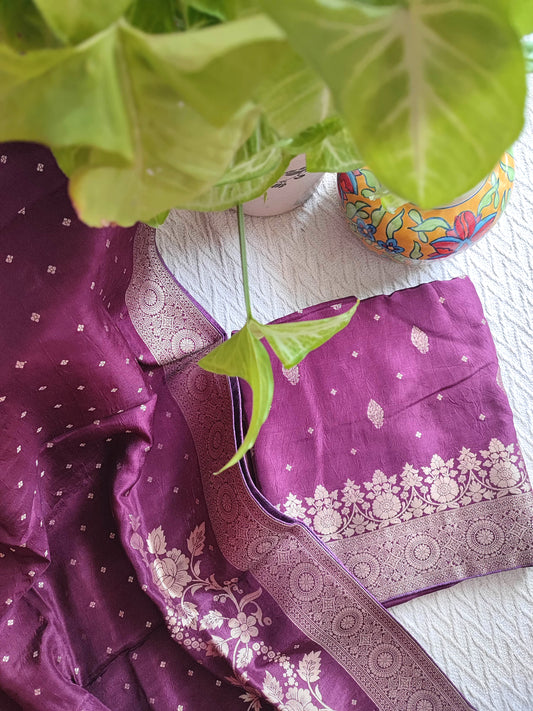 Wine Banarasi Crepe Silk Suit with Golden Zari Work