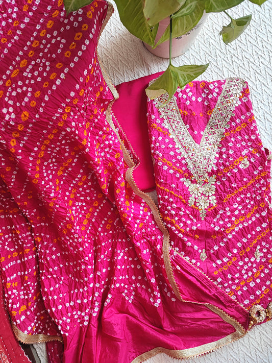 Hot Pink Chinon Silk Suit with Heavy Gotta Patti Work