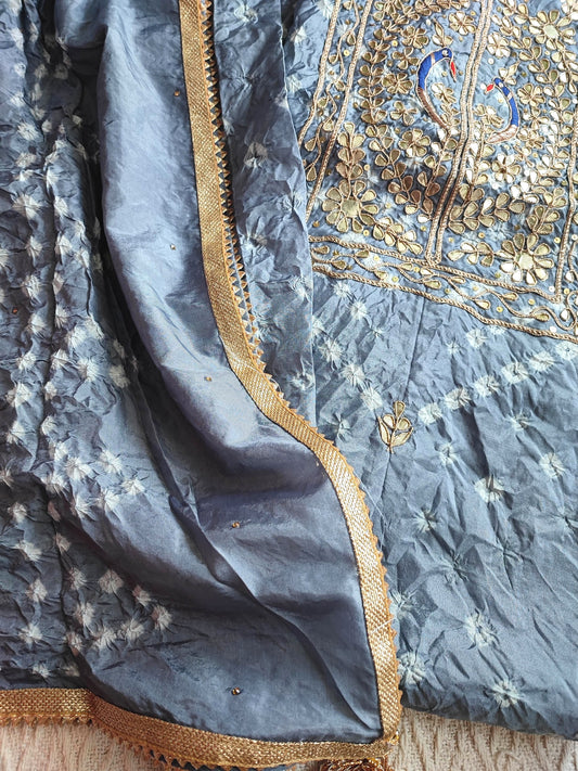 Grey Blue Chinon Silk Bandhej Suit with  Gotta Work