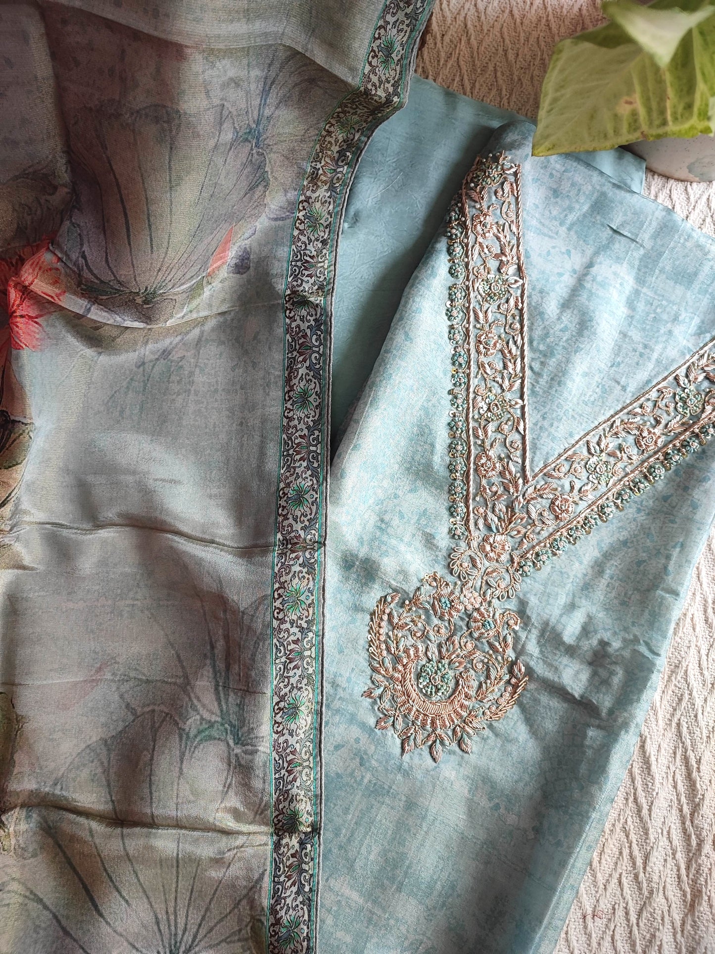 Pastel Blue Shimmer Georgette Suit with Elegant Embroidery & Digital Floral Dupatta