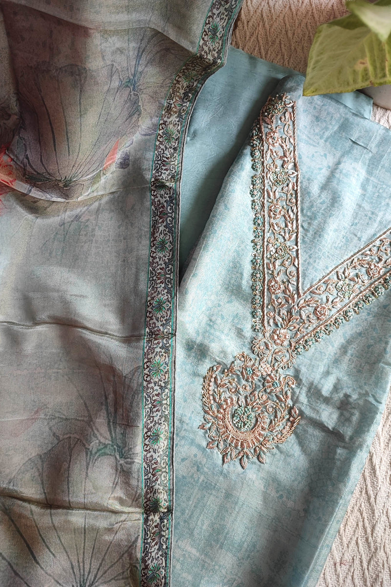 Pastel Blue Shimmer Georgette Suit with Elegant Embroidery & Digital Floral Dupatta