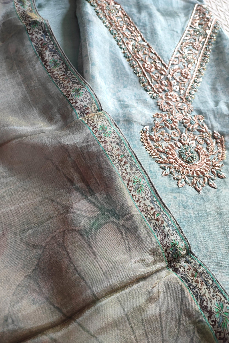 Pastel Blue Shimmer Georgette Suit with Elegant Embroidery & Digital Floral Dupatta