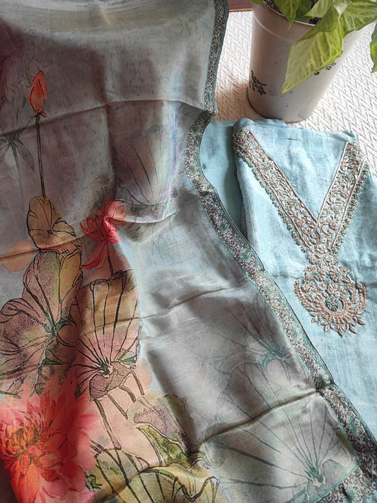 Pastel Blue Shimmer Georgette Suit with Elegant Embroidery & Digital Floral Dupatta
