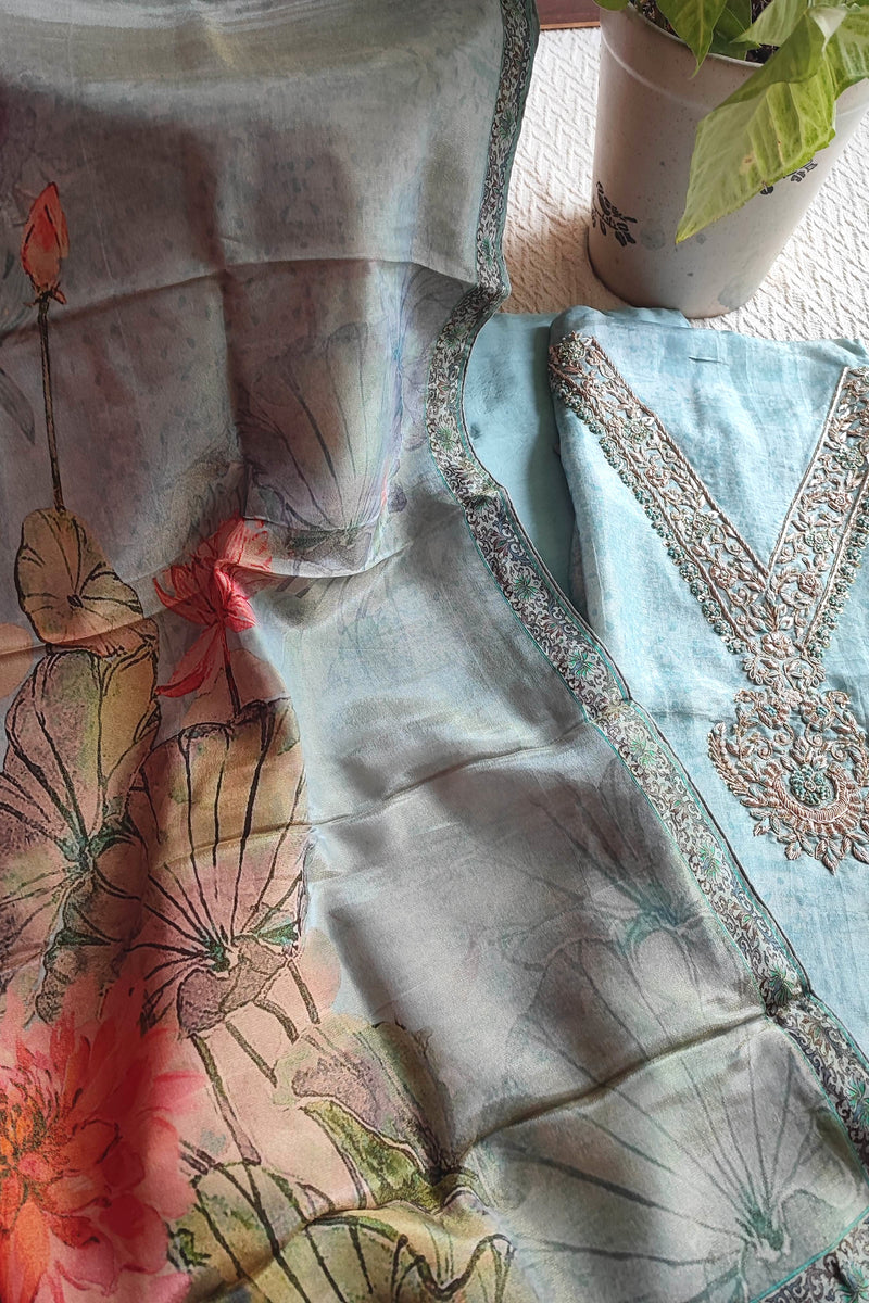 Pastel Blue Shimmer Georgette Suit with Elegant Embroidery & Digital Floral Dupatta
