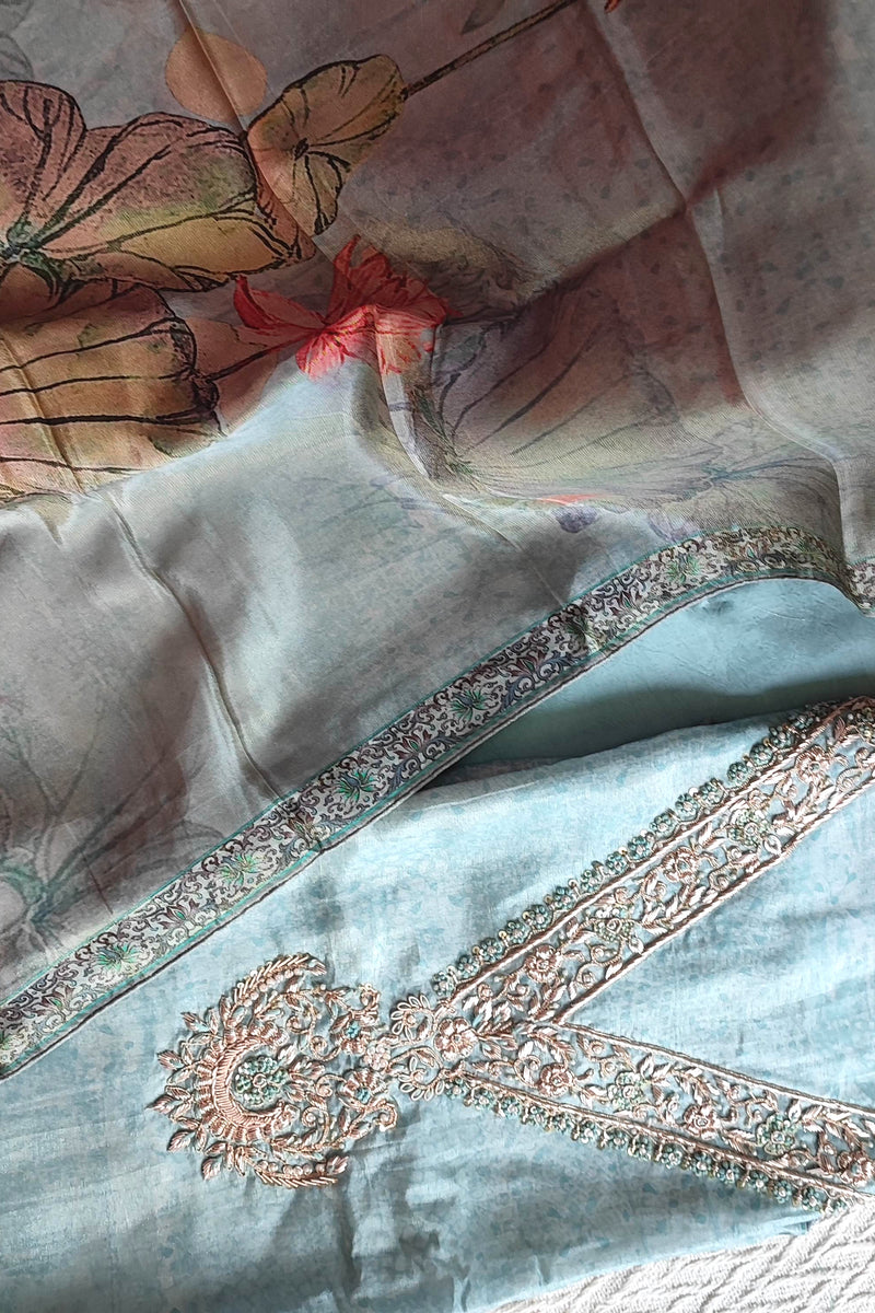 Pastel Blue Shimmer Georgette Suit with Elegant Embroidery & Digital Floral Dupatta