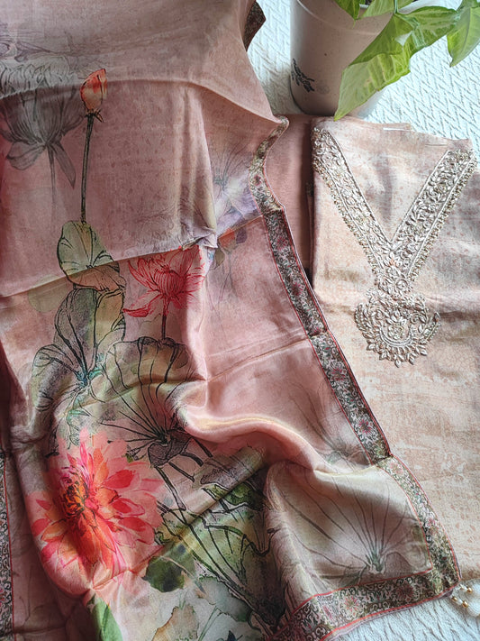 Shimmer Georgette Suit with Floral Print Dupatta & Embroidered Neckline
