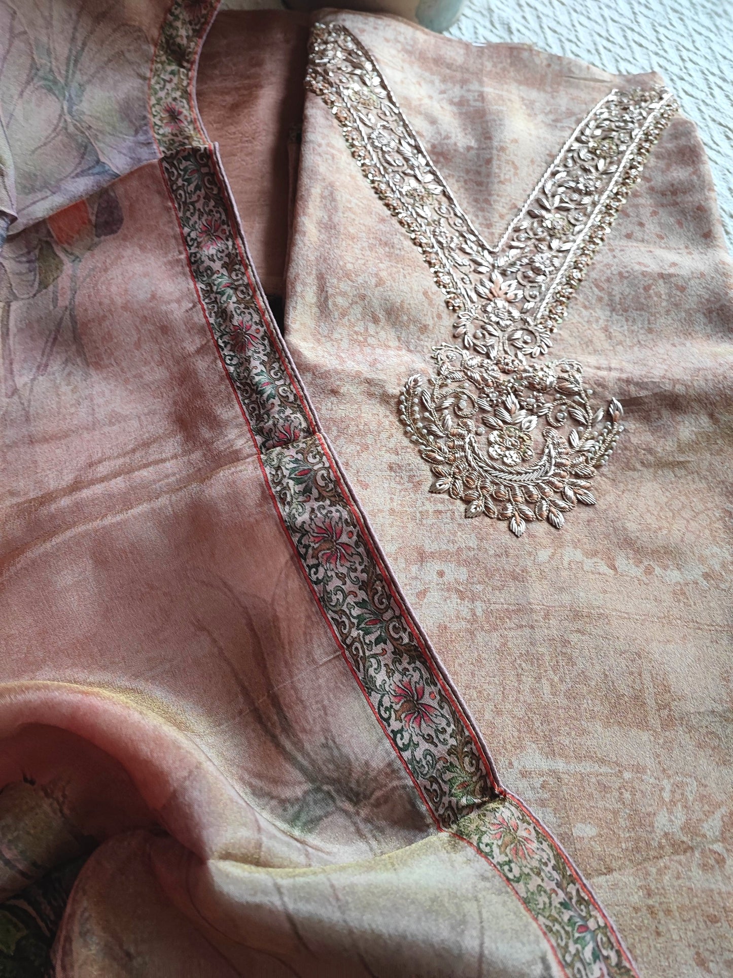 Shimmer Georgette Suit with Floral Print Dupatta & Embroidered Neckline