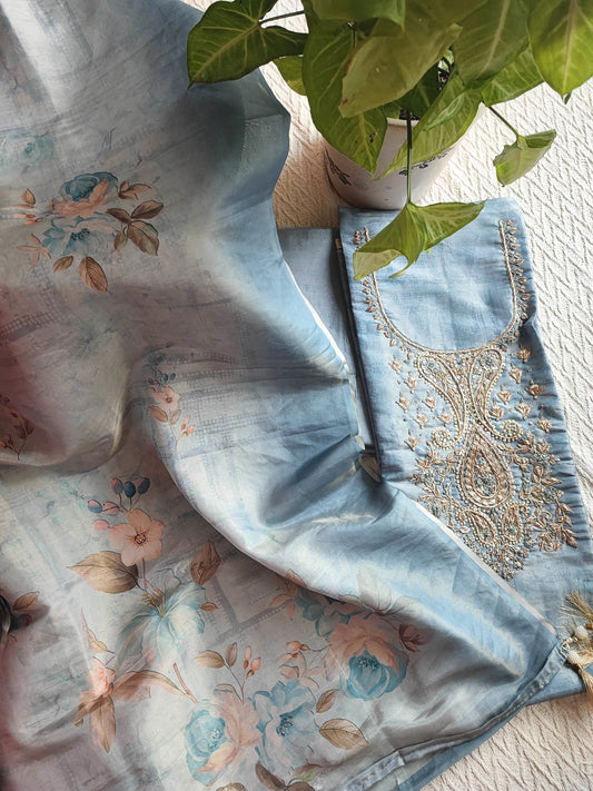 Sky Blue Shimmer Georgette Suit with Peach Floral Print Dupatta & Fine Embroidery