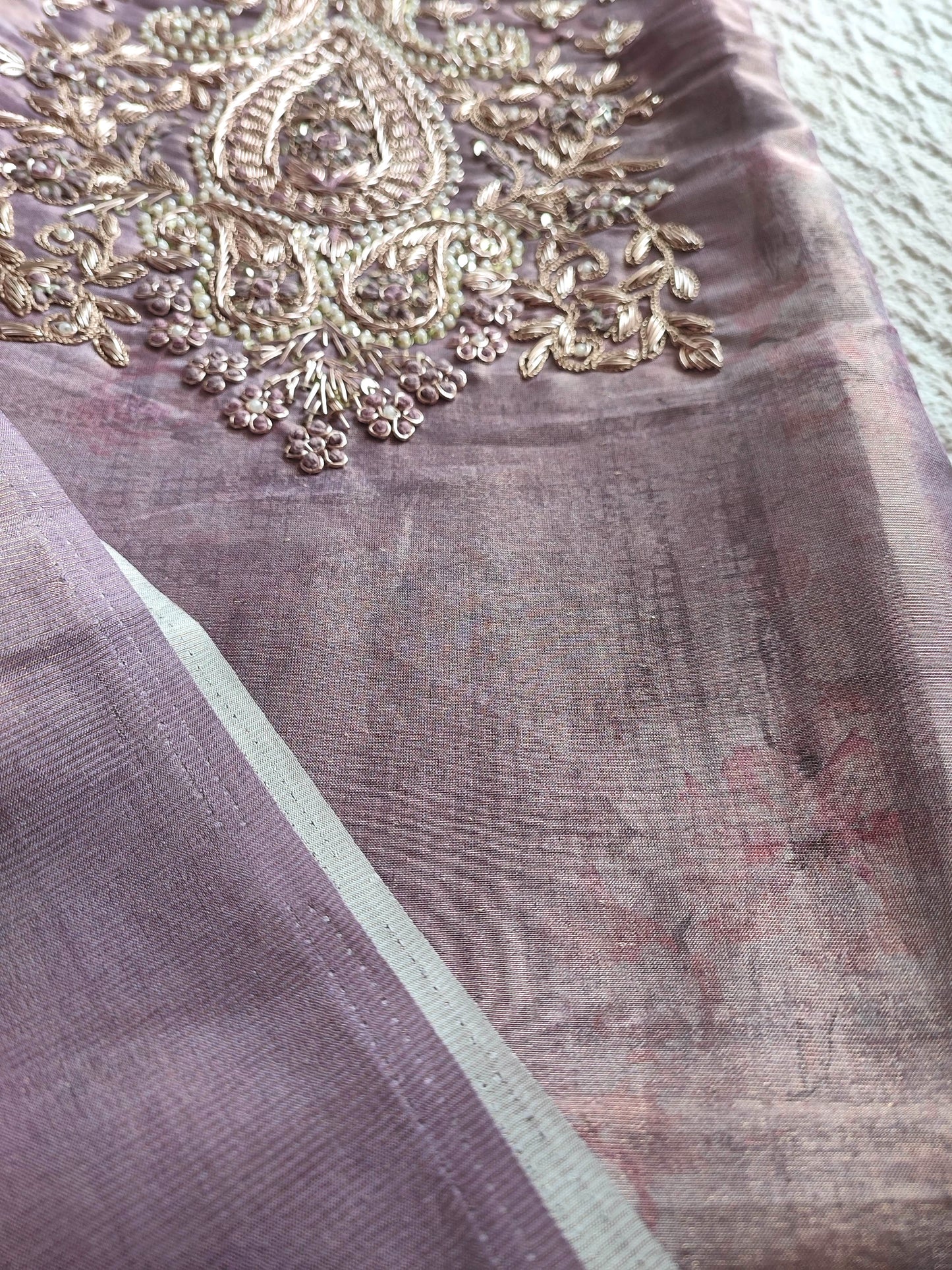 Shimmer Georgette Suit with Golden Zari Dupatta & Embroidered Neckline