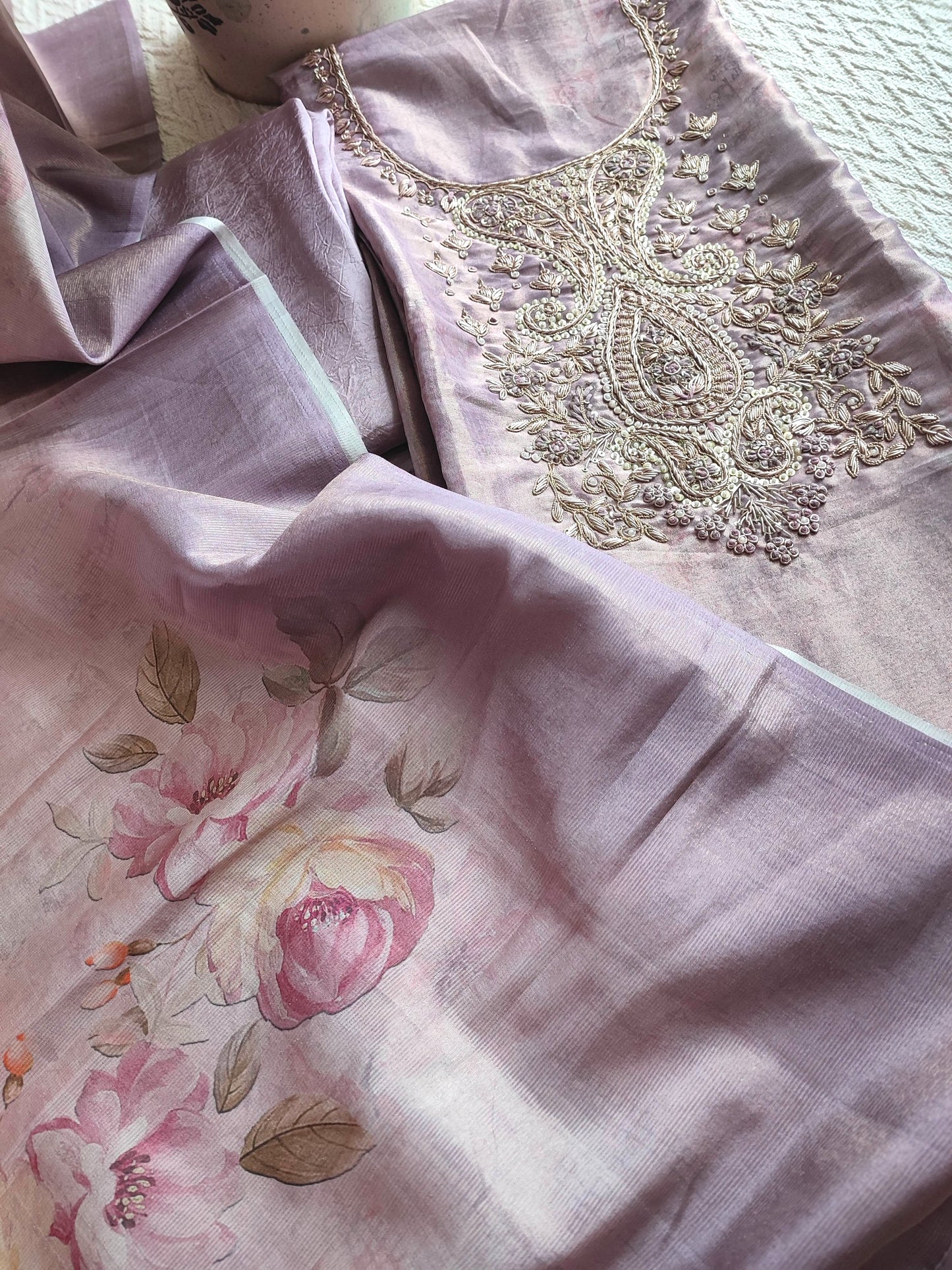 Shimmer Georgette Suit with Golden Zari Dupatta & Embroidered Neckline