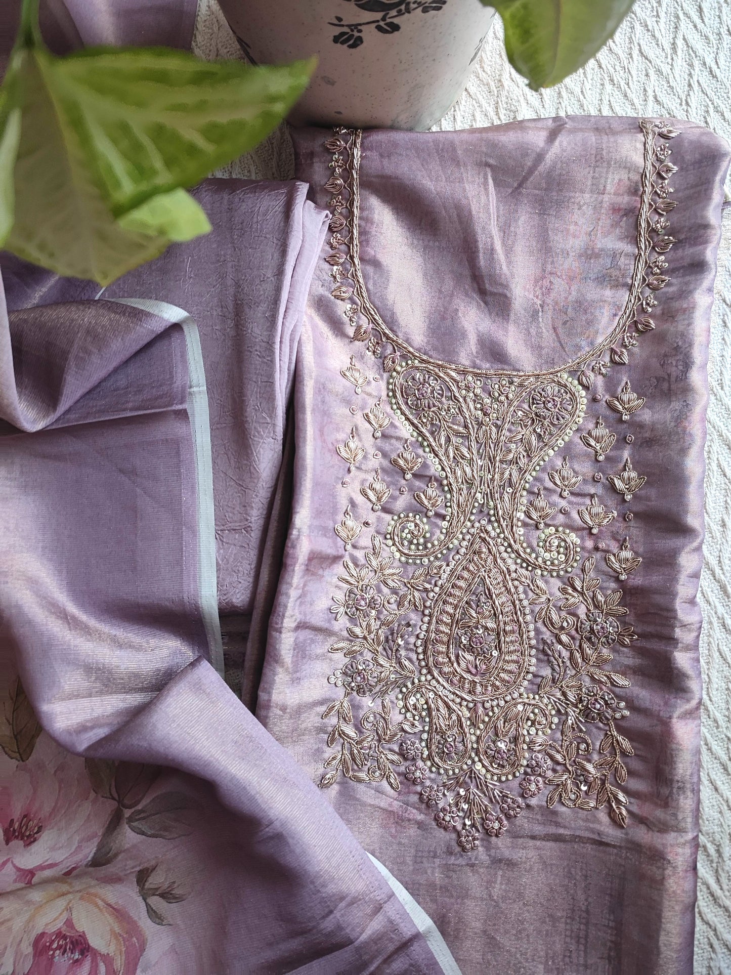 Shimmer Georgette Suit with Golden Zari Dupatta & Embroidered Neckline