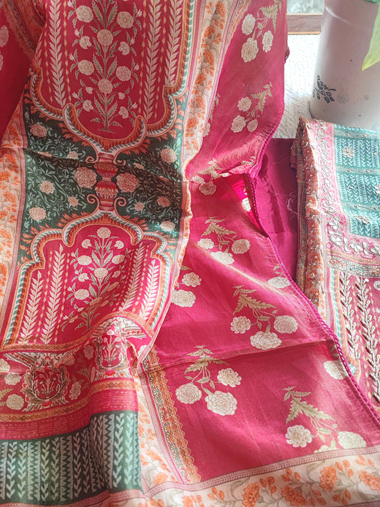Rani Pink Shimmer Georgette Suit Material with Elegant Printed Dupatta