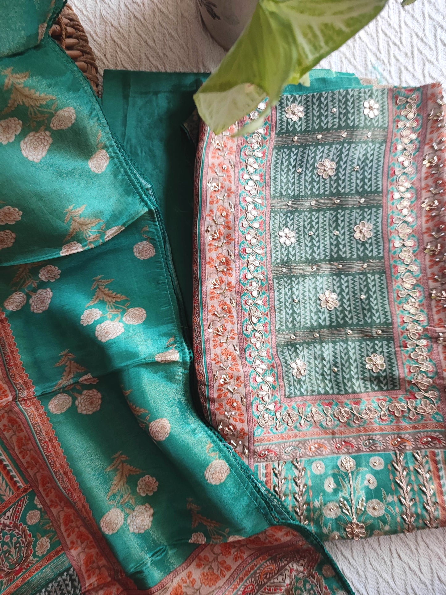 Bottle Green Shimmer Georgette Suit Material with Floral Handwork Detailing