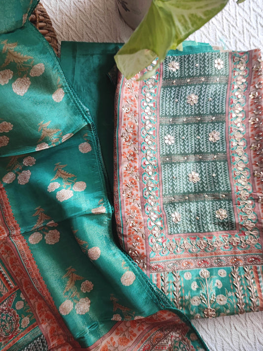 Bottle Green Shimmer Georgette Suit Material with Floral Handwork Detailing