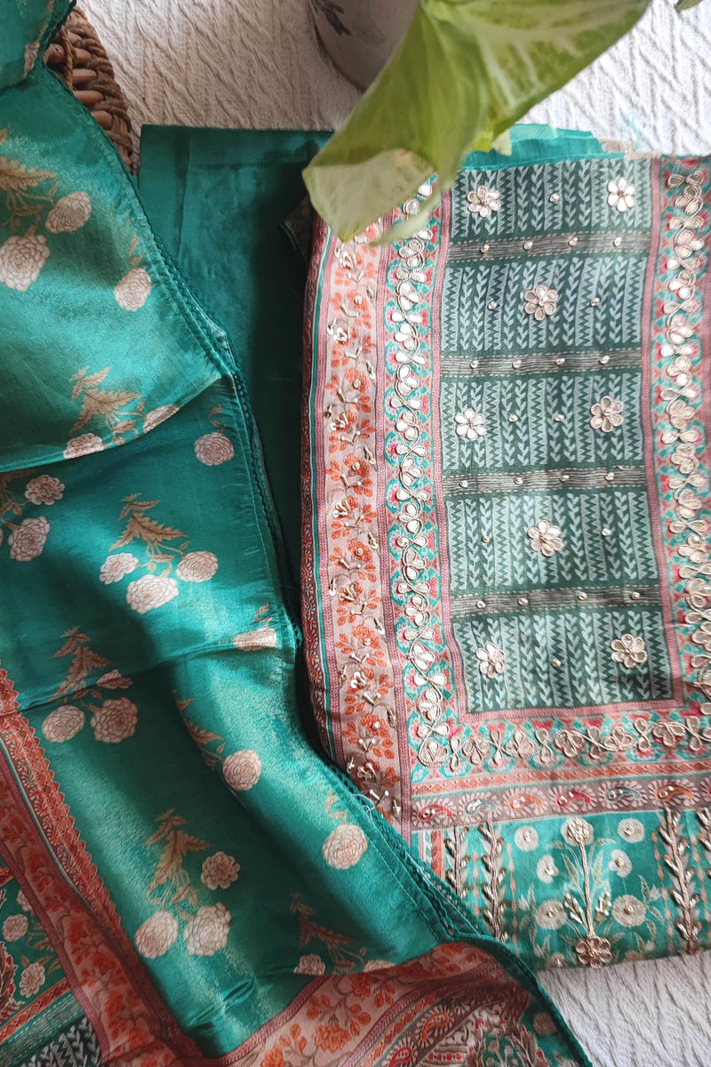 Bottle Green Shimmer Georgette Suit Material with Floral Handwork Detailing