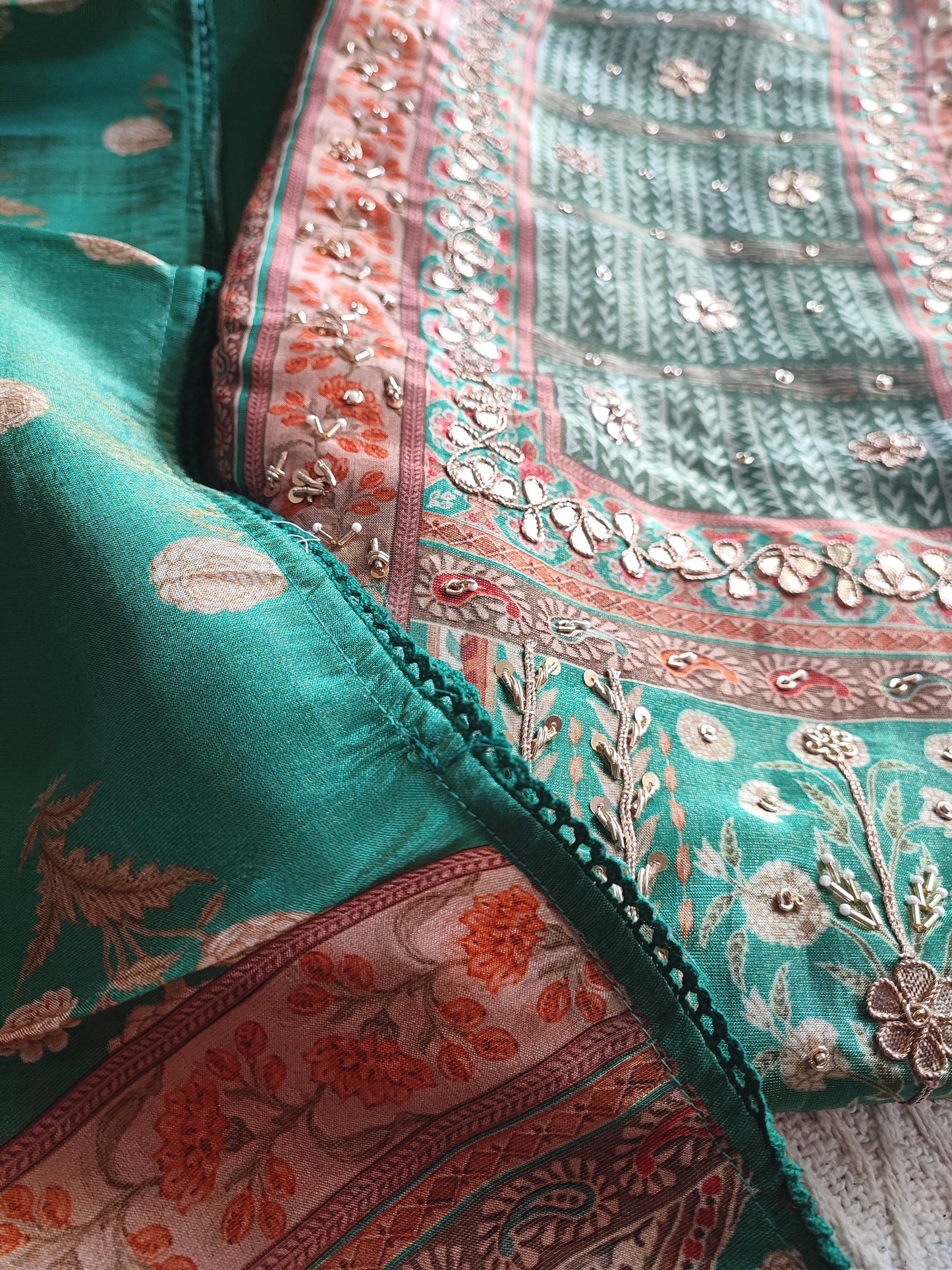 Bottle Green Shimmer Georgette Suit Material with Floral Handwork Detailing