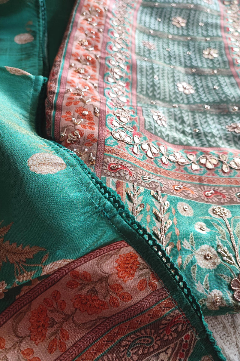 Bottle Green Shimmer Georgette Suit Material with Floral Handwork Detailing