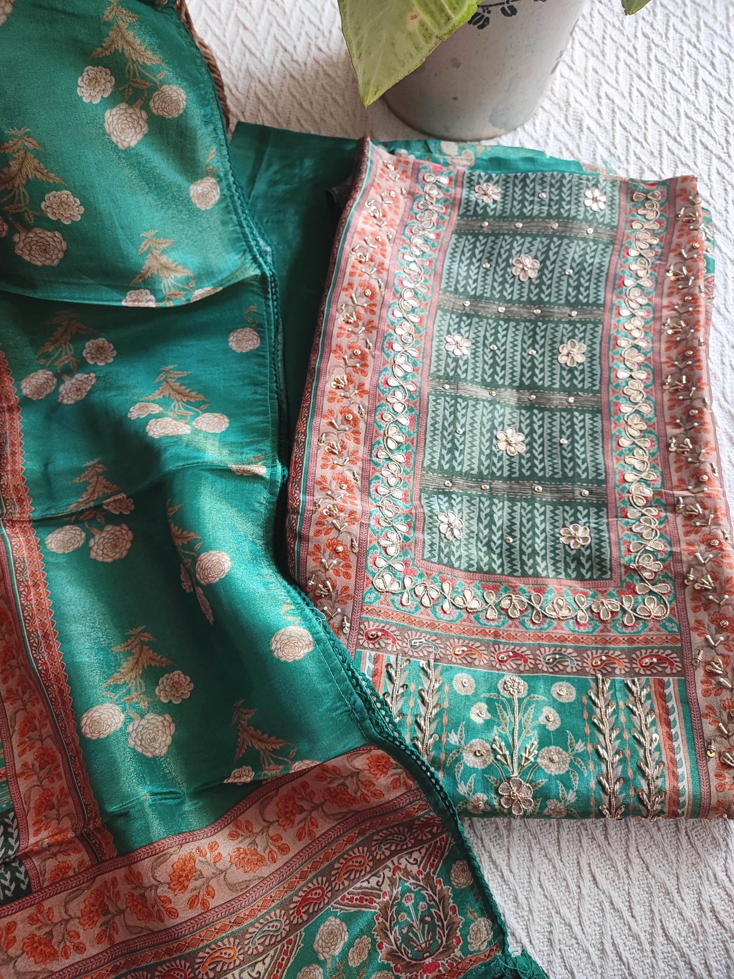 Bottle Green Shimmer Georgette Suit Material with Floral Handwork Detailing