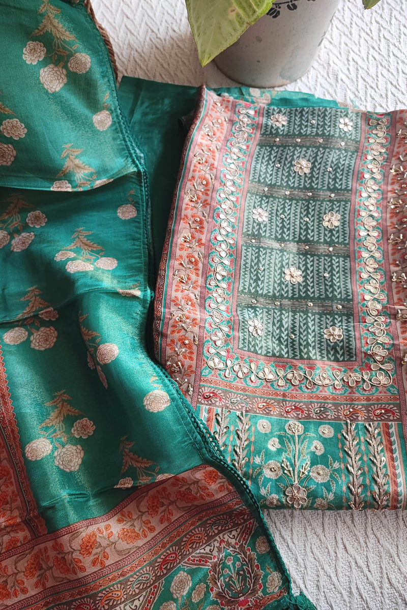 Bottle Green Shimmer Georgette Suit Material with Floral Handwork Detailing