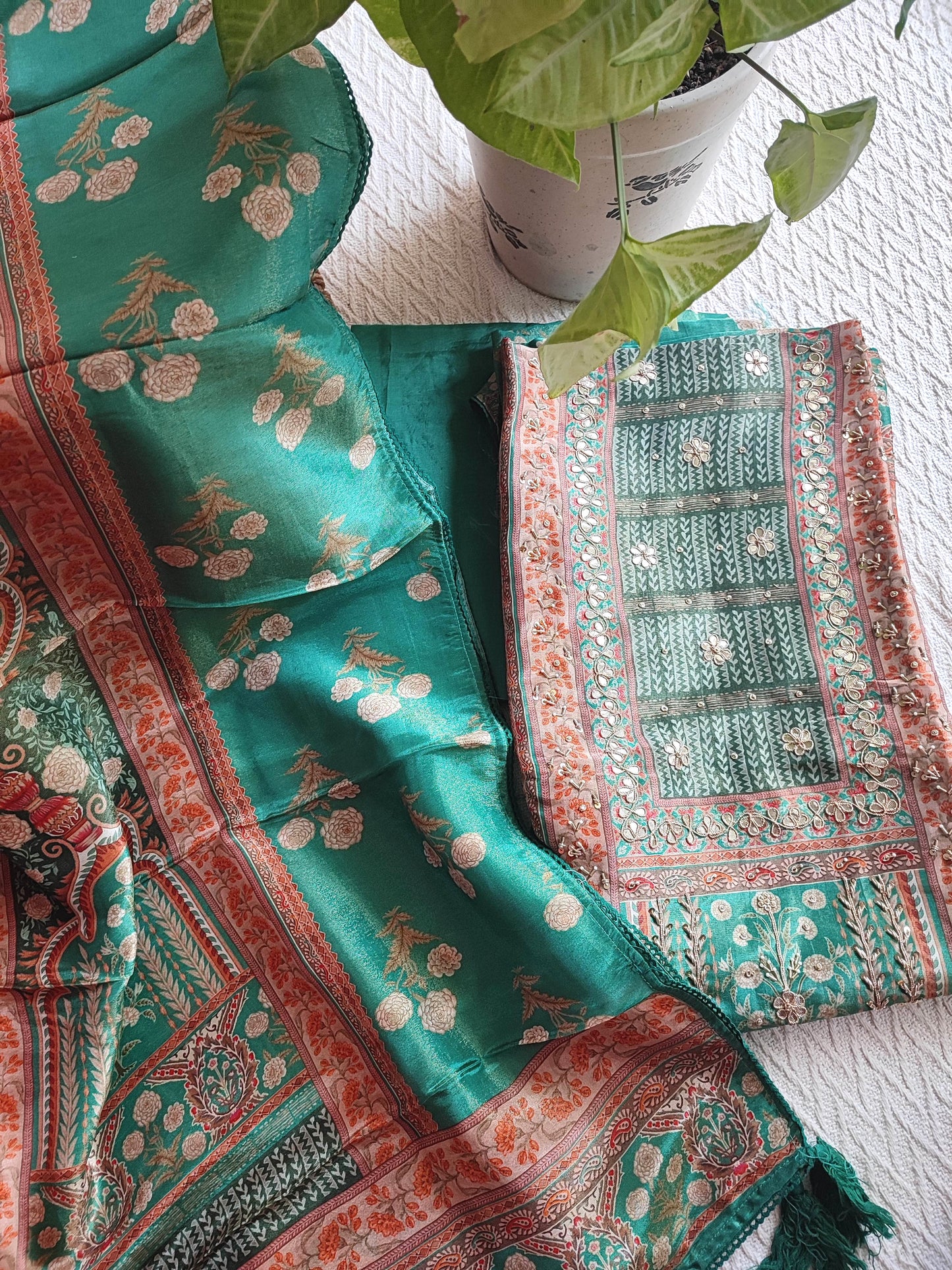 Bottle Green Shimmer Georgette Suit Material with Floral Handwork Detailing