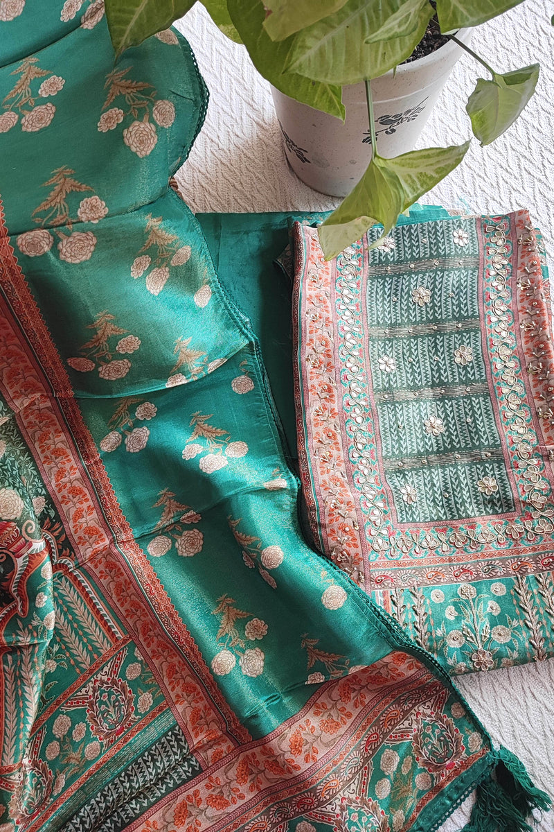 Bottle Green Shimmer Georgette Suit Material with Floral Handwork Detailing