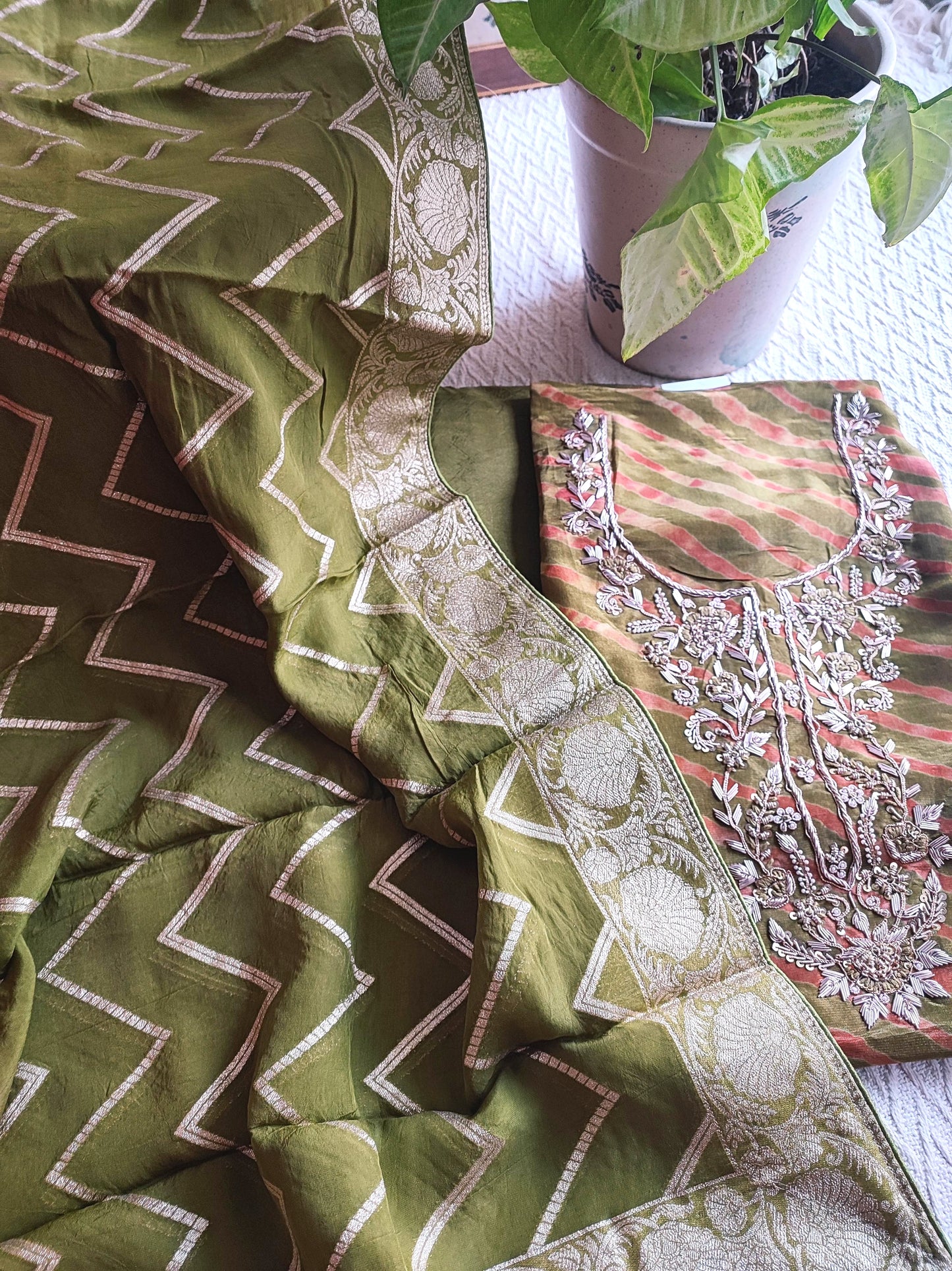 Olive Green Shimmer Georgette Suit Material with Intricate Handwork