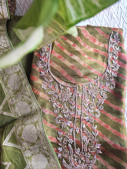 Olive Green Shimmer Georgette Suit Material with Intricate Handwork