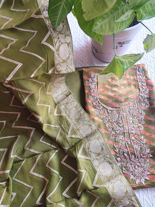 Olive Green Shimmer Georgette Suit Material with Intricate Handwork