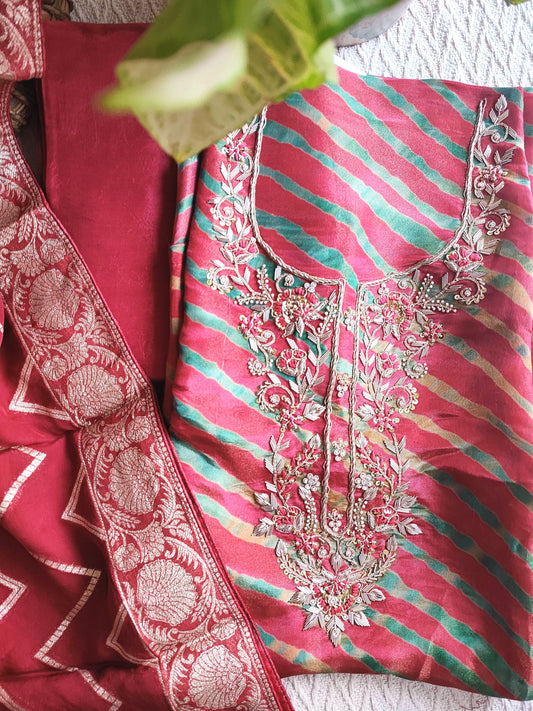 Magenta & Green Striped Shimmer Georgette Suit with Intricate Embroidery