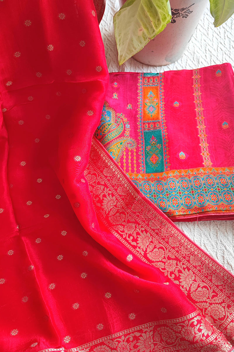 Elegant Pink Banarasi-Inspired Crepe Silk Suit Material with Woven Dupatta