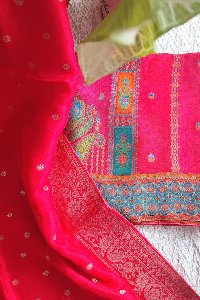 Elegant Pink Banarasi-Inspired Crepe Silk Suit Material with Woven Dupatta
