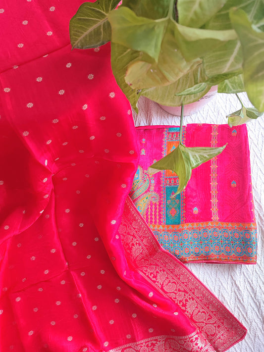 Elegant Pink Banarasi-Inspired Crepe Silk Suit Material with Woven Dupatta